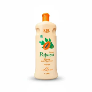A 600ml bottle of RDL Papaya Extract Body Lotion with a white label and orange papaya graphic