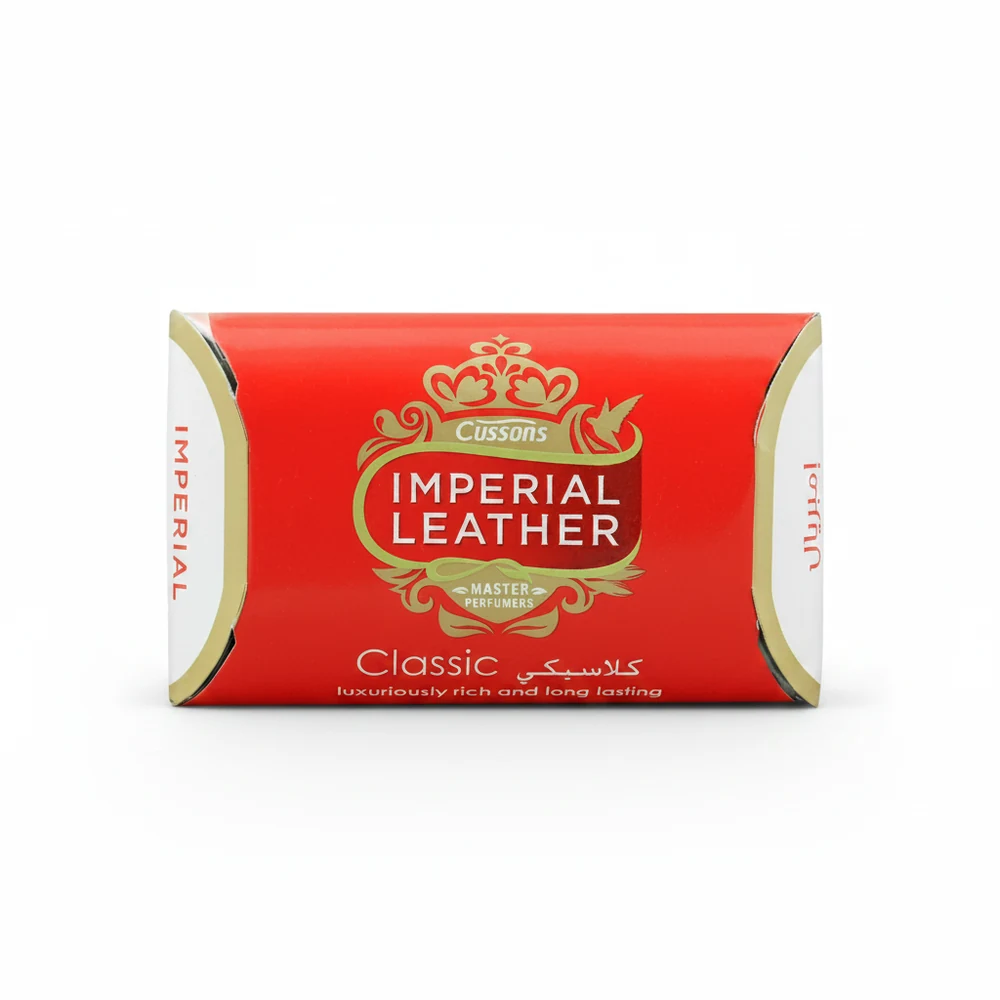 A package of 6 rectangular Imperial Leather soap bars in a classic white and blue color scheme. Each bar is 100g in size.