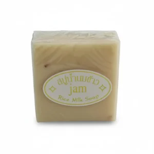 3 bars of white rectangular rice milk soap with a subtle pink label
