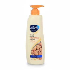 A white bottle of Karis Nourishing Body Lotion with a green and white label