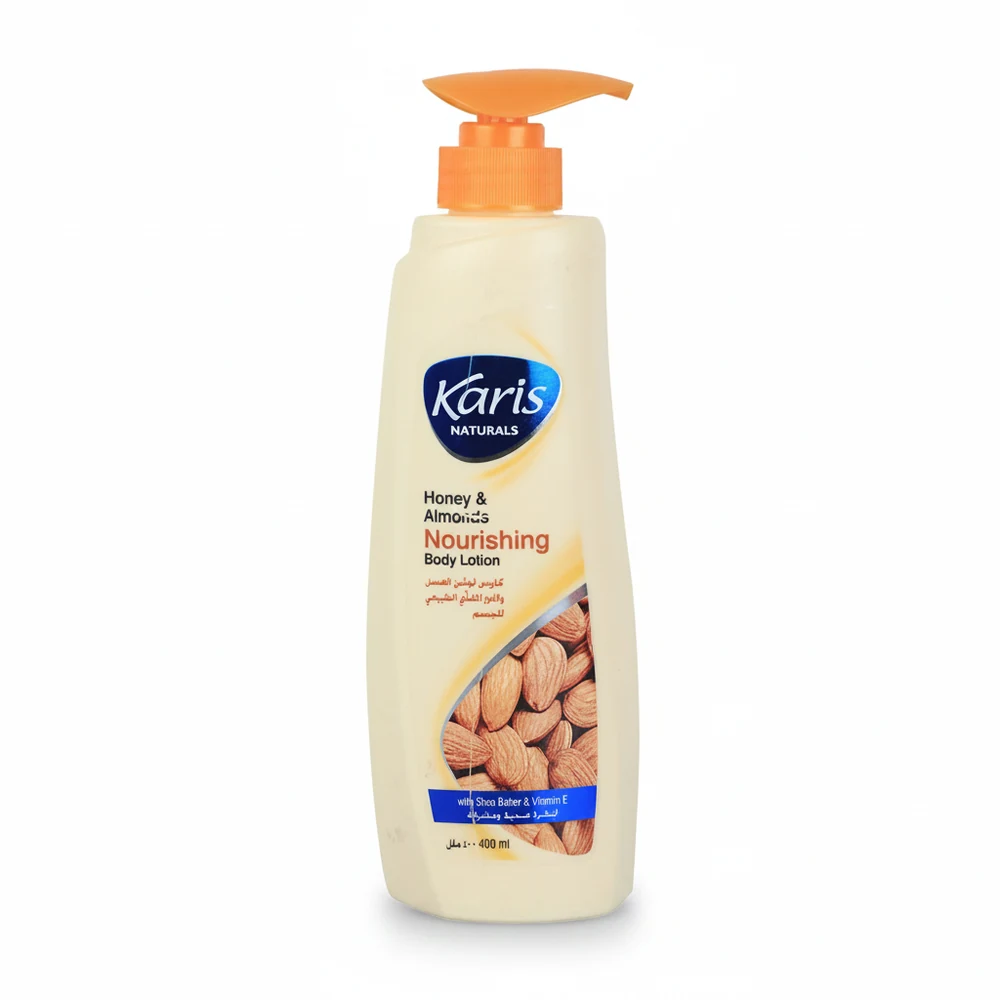 A white bottle of Karis Nourishing Body Lotion with a green and white label