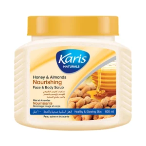 A gold and white jar containing Karis Face and Body Scrub, with a label featuring the Karis logo and product name