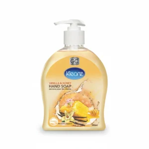 A white bottle of Kleanz Vanilla & Honey Hand Soap with a light yellow label featuring the Kleanz logo and product name