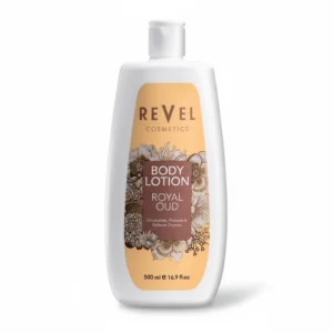 A bottle of Revel Lavender Body Lotion in a light purple color, with a white label featuring the Revel logo and product name.