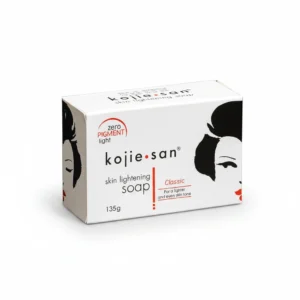 A rectangular bar of white soap with the Kojie San logo and 'Skin Lightening Soap' text printed on the label.