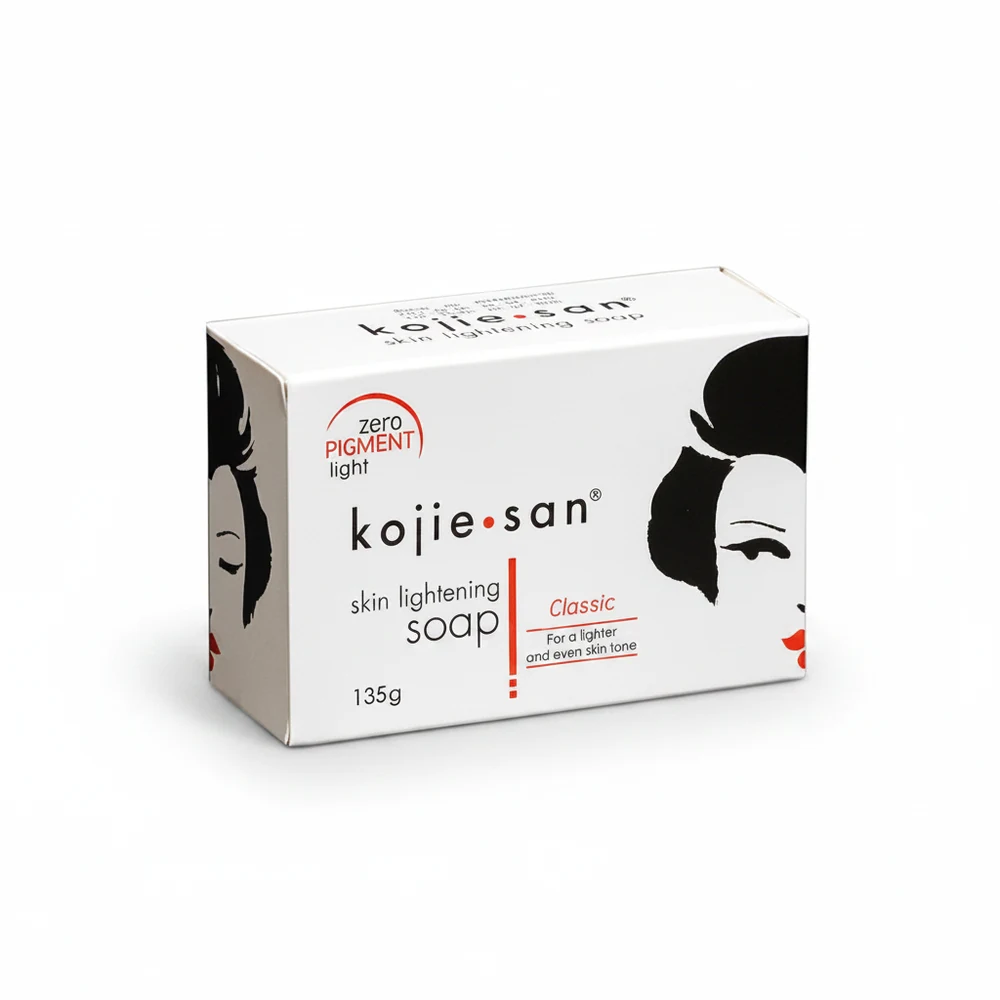 A rectangular bar of white soap with the Kojie San logo and 'Skin Lightening Soap' text printed on the label.
