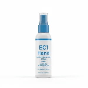 A clear glass bottle with a white label and cap, containing a clear liquid hand sanitizer spray. The label has the EC1 brand name and lists the key ingredients as aloe, vitamin E, and glycerin.