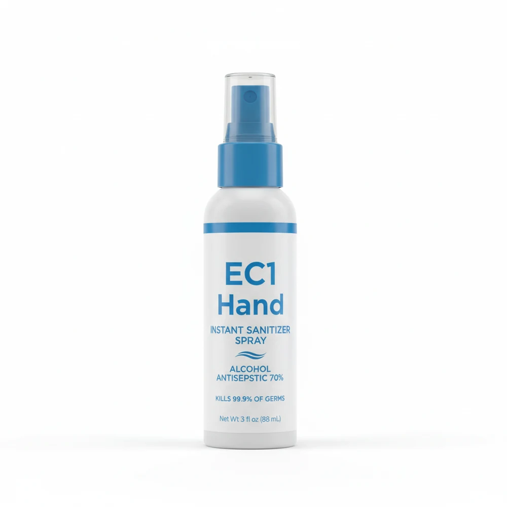 A clear glass bottle with a white label and cap, containing a clear liquid hand sanitizer spray. The label has the EC1 brand name and lists the key ingredients as aloe, vitamin E, and glycerin.