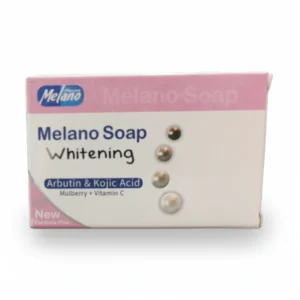 A rectangular bar of white soap with a blue and green label that says 'Melano Deep Cleansing, Lightening & Moisturizing Soap'