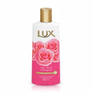 A 500ml bottle of Lux Moisturizing Body Wash with a white label and pink accents
