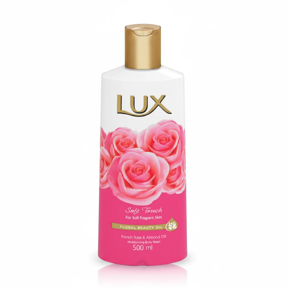 A 500ml bottle of Lux Moisturizing Body Wash with a white label and pink accents