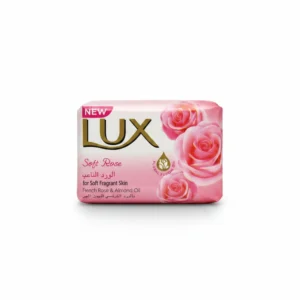 A rectangular bar of Lux Soap with a white and blue label, shown against a plain background