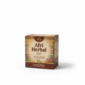 A rectangular black bar of traditional African black soap, with a label showing the Afri Herbal brand name.