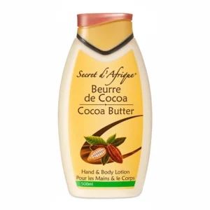 A white bottle with a gold label that says 'Secret d'Afrique Cocoa Butter Lotion' and contains 500ml of product.