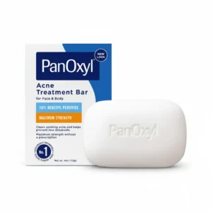 A rectangular blue and white bar of Panoxyl Benzoyl Peroxide Soap with the Panoxyl logo clearly visible on the label.
