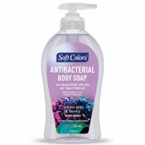 A rectangular bar of pale pink antibacterial body soap with the Soft Colors logo on the label