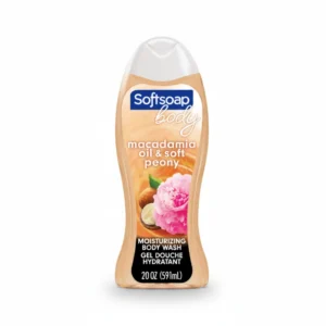 A white bottle of Softsoap Moisturizing Body Wash with a label featuring the Softsoap logo, Vanilla & Jojoba Oil, and the 591 ml size