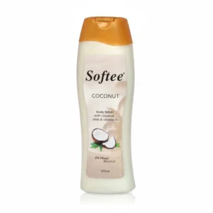 A white bottle of Softee Nourishing Body Lotion with a green label and cap