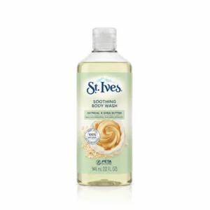 A bottle of St. Ives Soothing Body Wash with a light green label featuring the St. Ives logo and product name. The bottle contains 946ml of product.