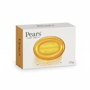 A transparent, rectangular bar of Pear's Transparent Soap with the brand's logo and name printed on the label in a classic, elegant font.