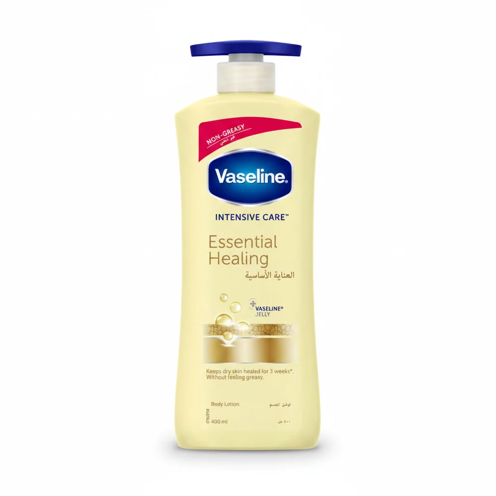 A white bottle of Vaseline Intensive Care Advanced Repair Body Lotion with a blue label and cap. The bottle contains 400ml of product.