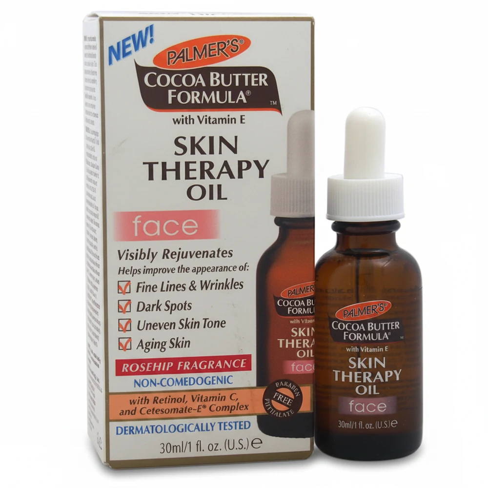 A bottle of PALMERS Cocoa Butter Formula Skin Therapy Oil with a rose-colored label and cap. The bottle contains 5.1 Oz of product.