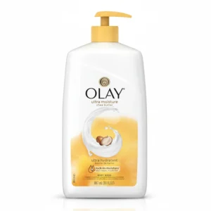 A 887 ml bottle of Olay Ultra Moisture Body Wash with Shea Butter. The bottle has a white and blue label with the Olay logo.