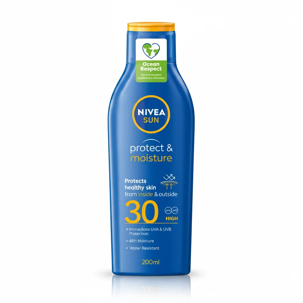 A white and blue bottle of Nivea sun lotion with a label displaying the Nivea logo, SPF 30 protection, and a moisturizing formula.