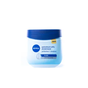 A white and blue jar of NIVEA Petroleum Jelly Essence Pure, with the NIVEA logo and product name clearly visible on the label.