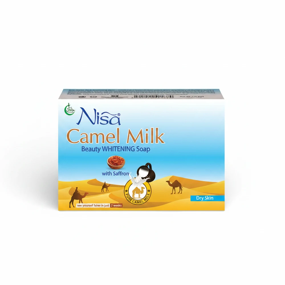 A rectangular bar of Nisa Camel Milk Beauty Bar Soap with a light beige color and a simple label design.
