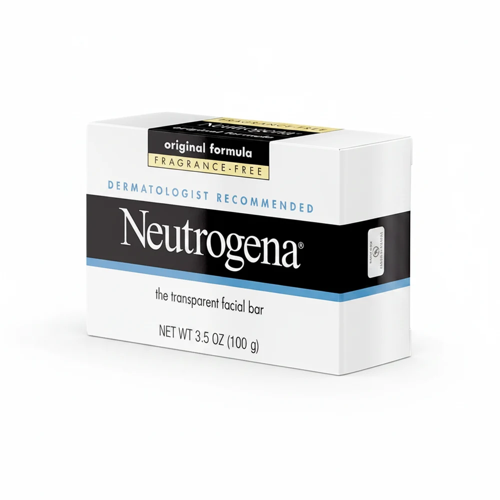 A transparent, rectangular bar of Neutrogena facial soap with the Neutrogena logo printed on the label.