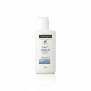 A white bottle of Neutrogena Norwegian Formula Deep Moisture Body Lotion with a blue and white label