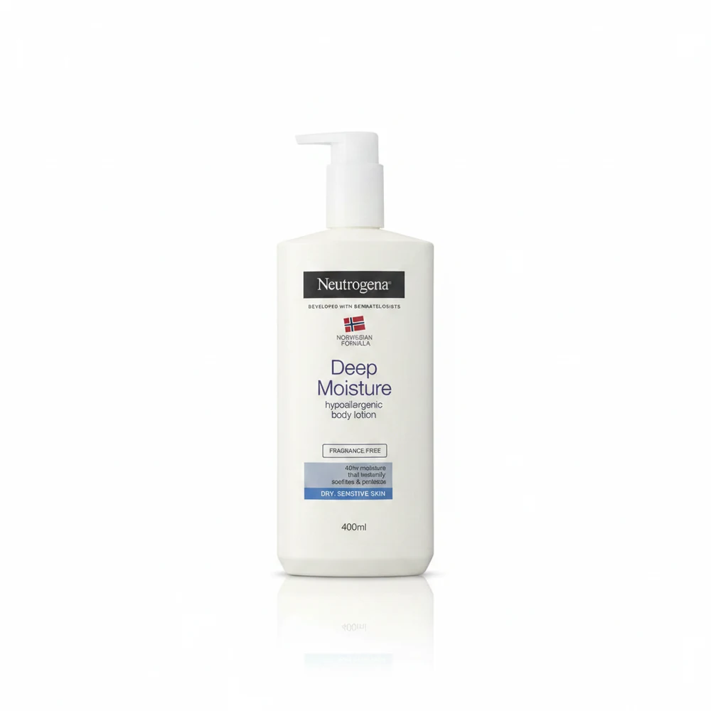 A white bottle of Neutrogena Norwegian Formula Deep Moisture Body Lotion with a blue and white label