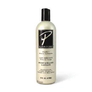 A bottle of Pierrela Touch Body Lotion with a white label and pink accents. The bottle contains 473ml of product.