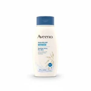 A bottle of Aveeno Skin Relief Body Wash with a white and green label. The bottle contains 532 ml of product.