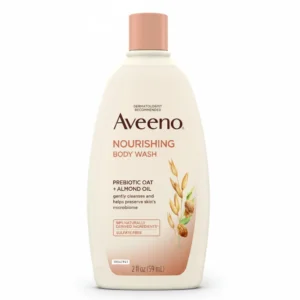 A 59 ML bottle of AVEENO Daily Moisturizing Body Wash with a white label and green accents. The bottle contains a creamy, light-colored body wash formula.