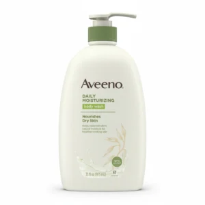 A white bottle of Aveeno Daily Moisturizing Body Wash with a blue label. The bottle contains 975ml of product.