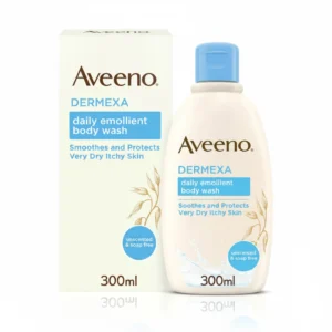 A white bottle of Aveeno Dermexa Emollient Body Wash with a blue label. The bottle has a pump dispenser on top.