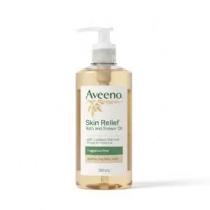 A bottle of Aveeno Skin Relief Bath and Shower Oil with a light blue label. The bottle contains 300ml of the product.