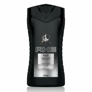 A 400ml bottle of Axe Peace Calming Body Wash with a label featuring the Axe logo, the product name, and images of lavender and chamomile flowers.