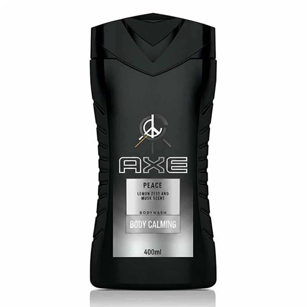 A 400ml bottle of Axe Peace Calming Body Wash with a label featuring the Axe logo, the product name, and images of lavender and chamomile flowers.