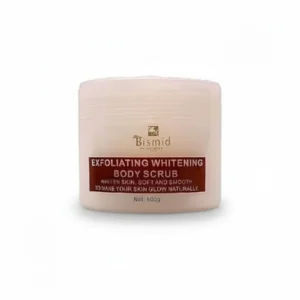 A jar of Bismid Luxurious Exfoliating Body Scrub with a white label and green lid. The jar contains a brown, grainy body scrub.