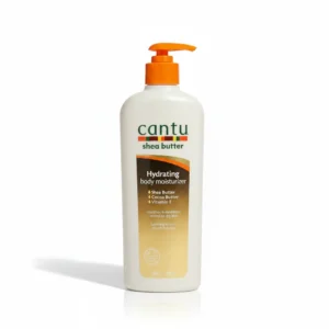 A bottle of Cantu Skin Therapy Coconut Oil Hydrating Body Lotion with a white label and coconut imagery