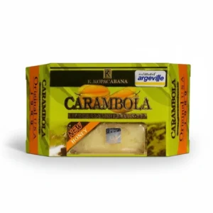 A rectangular bar of dark green herbal soap with a label that says 'Carambola Black Spots Herbal Soap'