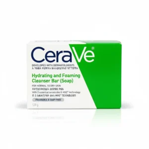 A solid white bar of CeraVe Hydrating & Foaming Cleanser with the CeraVe logo and product name printed on the label.