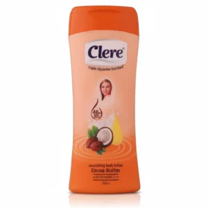A white bottle of Clere Nourishing Lanolin & Glycerin Body Lotion with a green and blue label