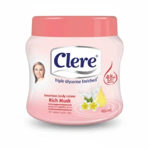 A white and gold bottle of Clere Triple Glycerine Enriched Luxurious Body Lotion in the Rich Musk scent. The bottle has a label with the Clere logo and product name.