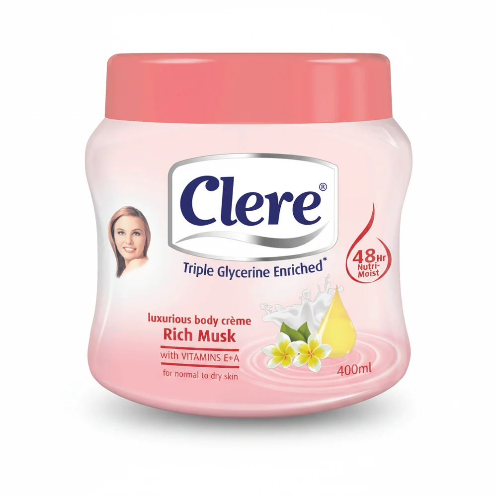 A white and gold bottle of Clere Triple Glycerine Enriched Luxurious Body Lotion in the Rich Musk scent. The bottle has a label with the Clere logo and product name.