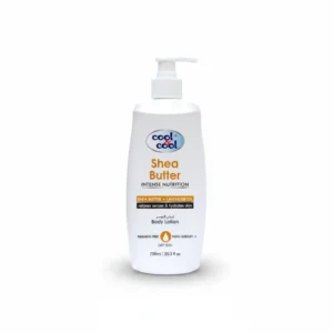 A bottle of Cool & Cool adult body lotion in white and blue packaging, with a label showing the product name and key ingredients like jojoba oil and chamomile.