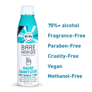 A clear glass bottle with a white label and cap, containing a clear liquid. The label has the Cool and Cool brand name and 'Sanitizer Spray' printed on it in a blue and white color scheme.